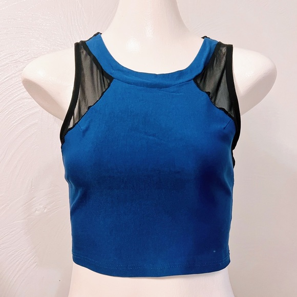 EUC Charlotte Russe Blue Black Mesh Panel Crop Size Medium No Flaws - Picture 1 of 10